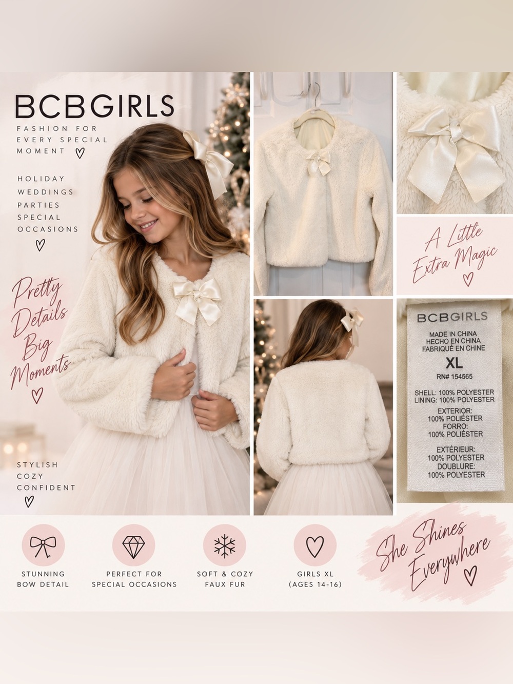 BCBGirls Girls XL Ivory Faux Fur Cropped Jacket Satin Bow Special Occasion